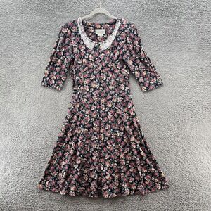 VTG 90s Paquette Too Dress 12 Navy Pink Floral Lace Collar Cottage Made USA 90s